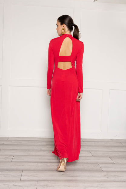 High neck maxi dress with back detail in red