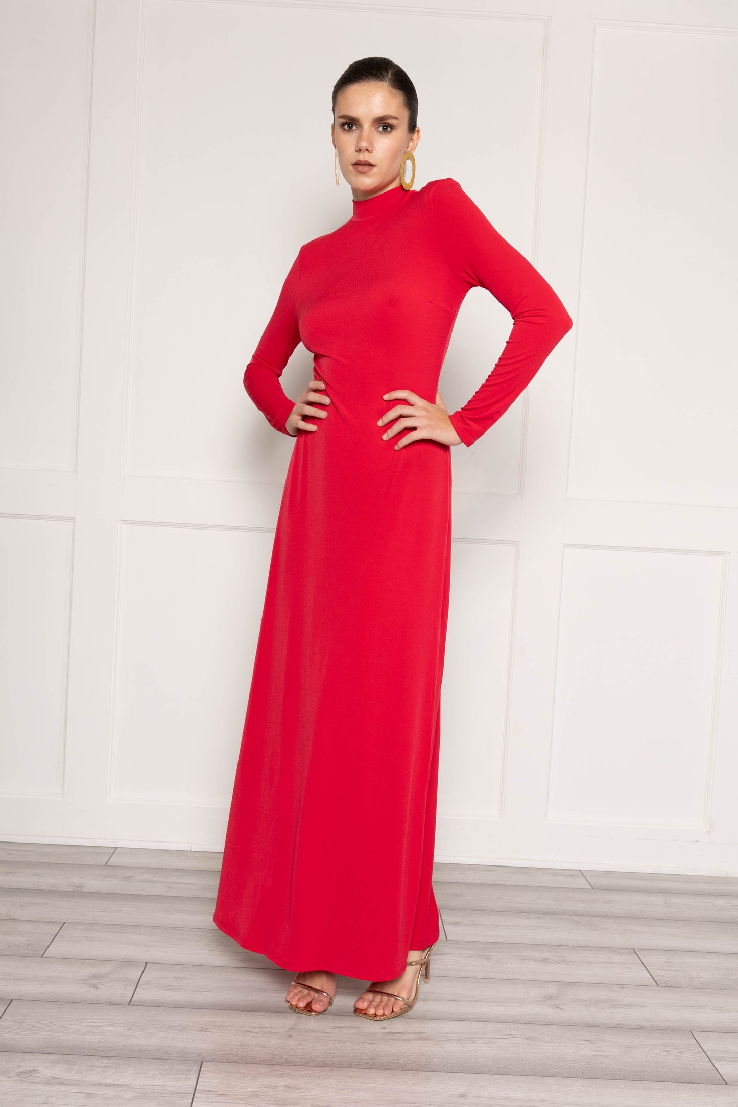 High neck maxi dress with back detail in red