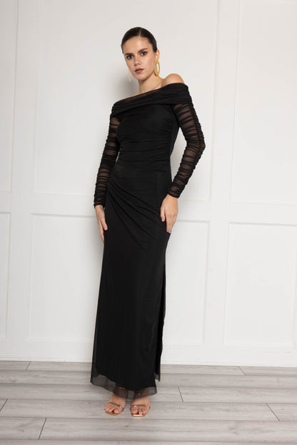 Bardot ruched maxi dress in mesh and jersey mix in black