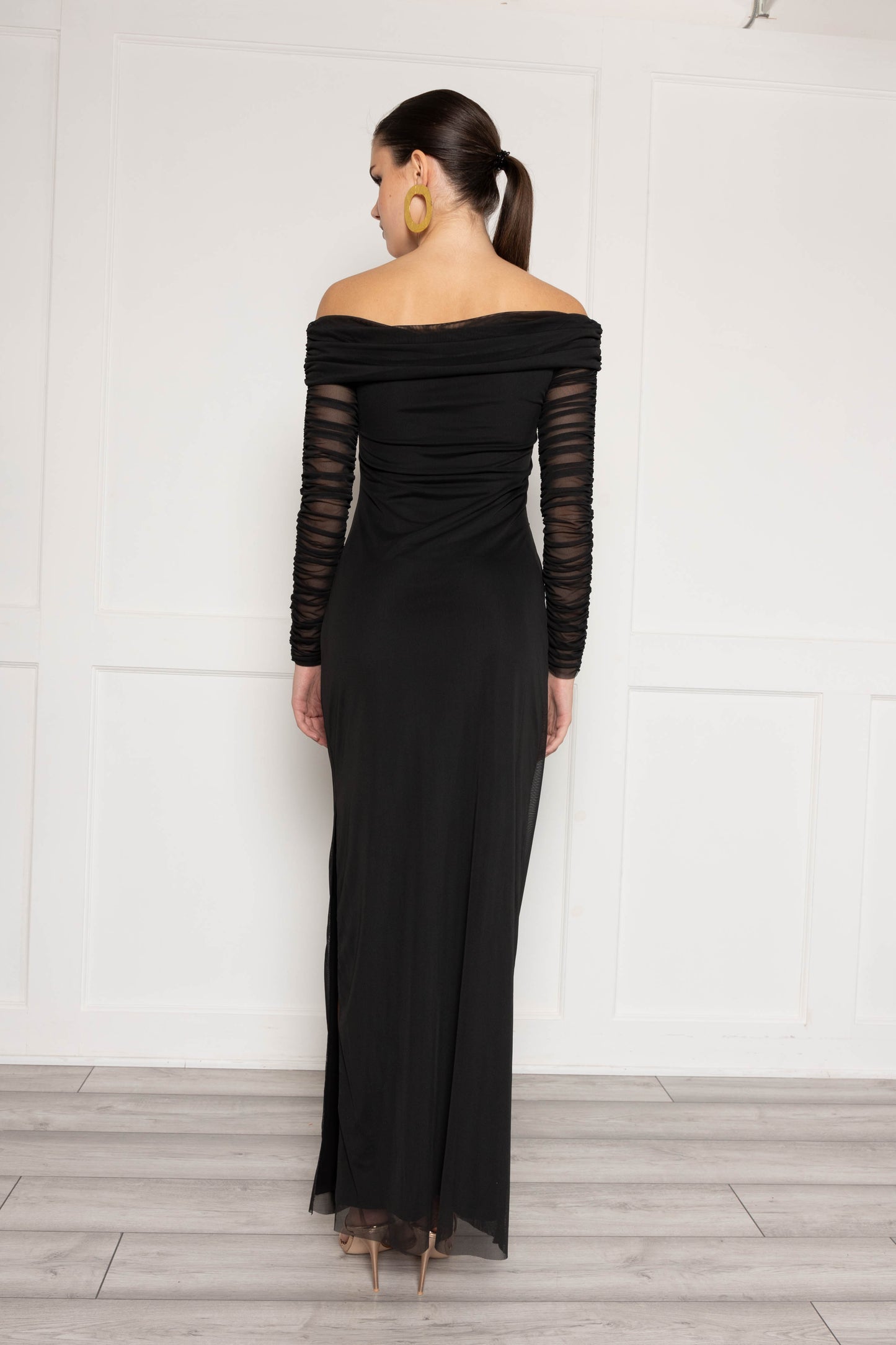 Bardot ruched maxi dress in mesh and jersey mix in black