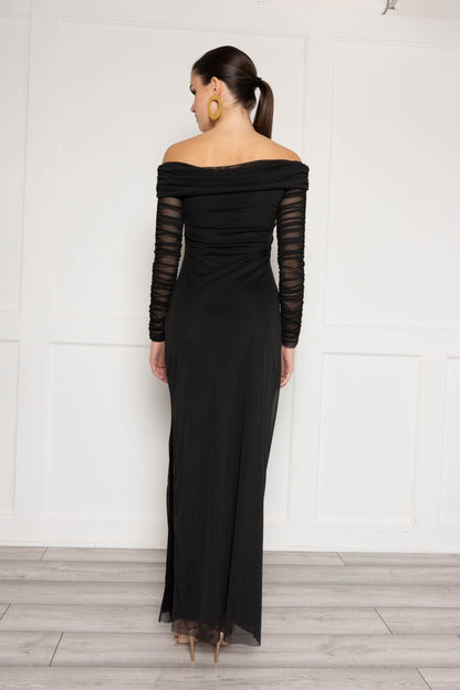 Bardot ruched maxi dress in mesh and jersey mix in black