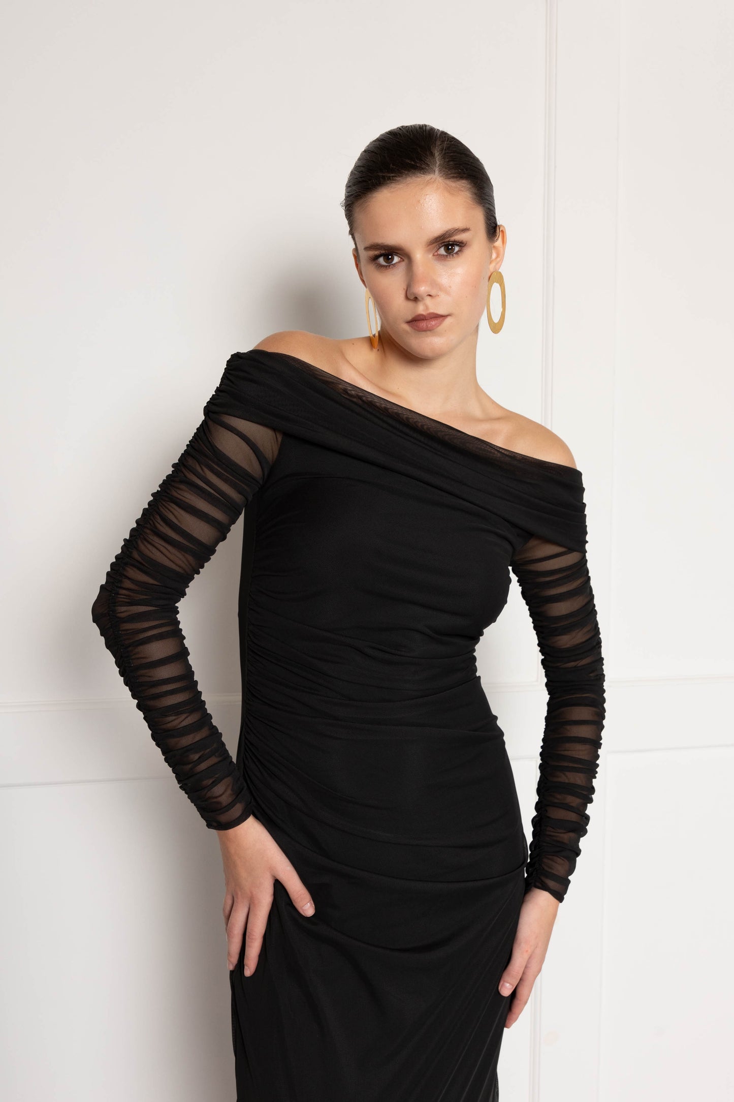 Bardot ruched maxi dress in mesh and jersey mix in black
