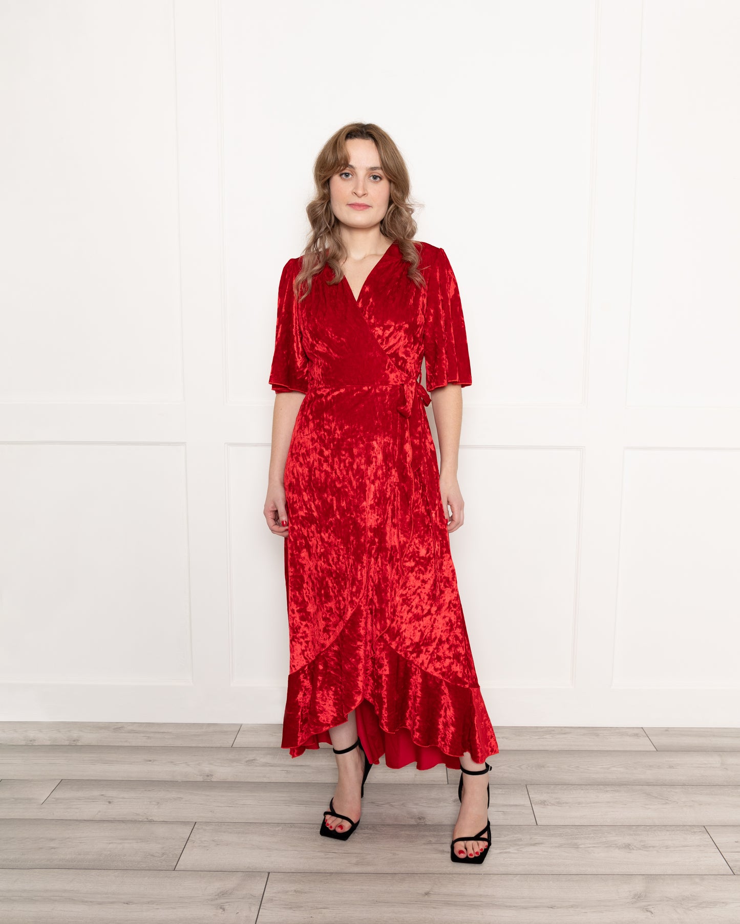 Flounce London Red Velvet Wrap Midaxi
