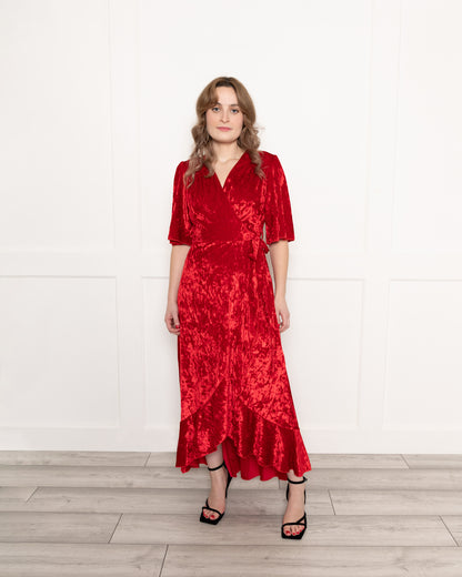 Flounce London Red Velvet Wrap Midaxi
