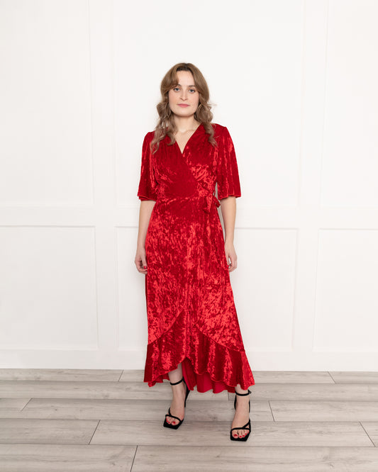 Flounce London Red Velvet Wrap Midaxi