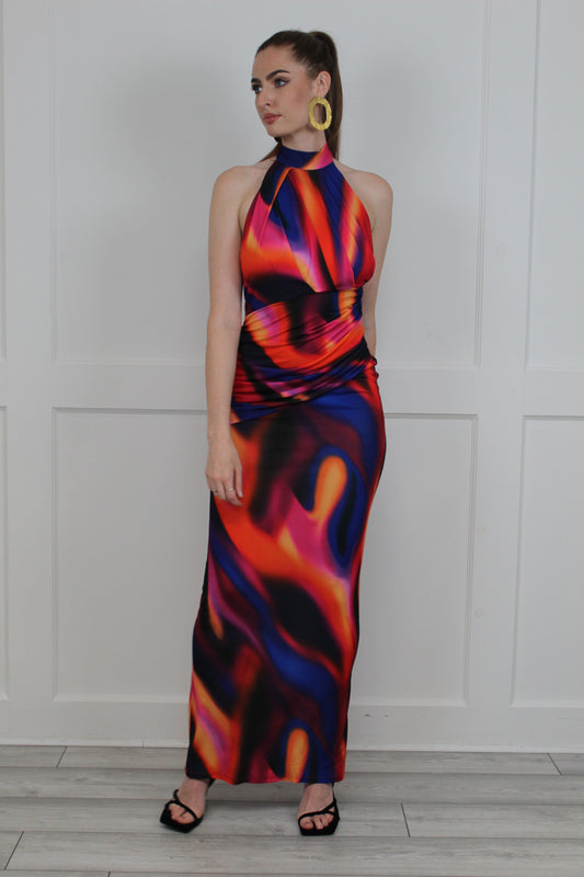 Halter Neck Maxi Dress In Blur Print