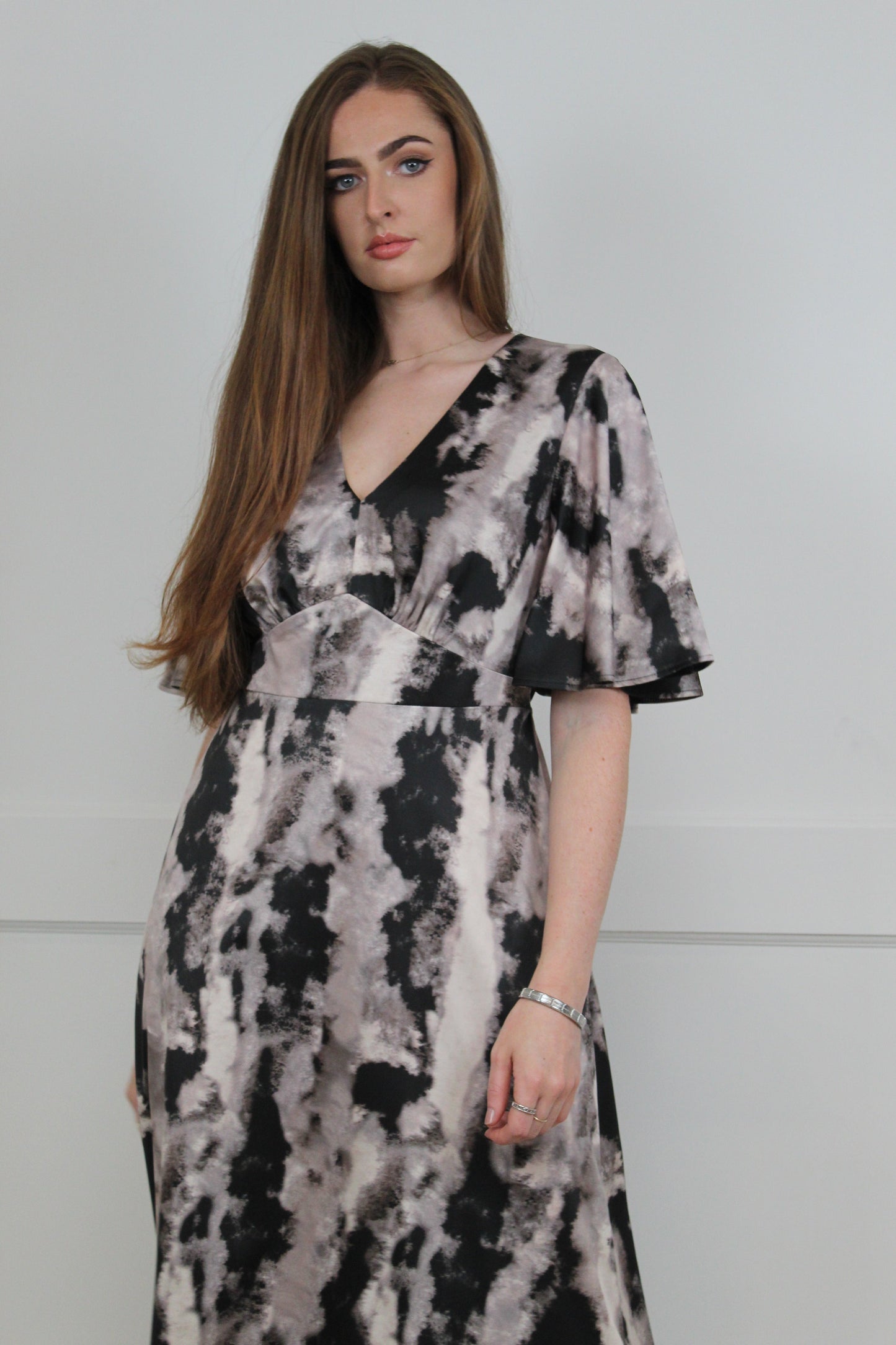 Flounce London Grey Smudge Print Woven Satin Maxi