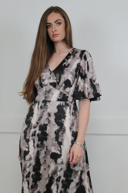 Flounce London Grey Smudge Print Woven Satin Maxi