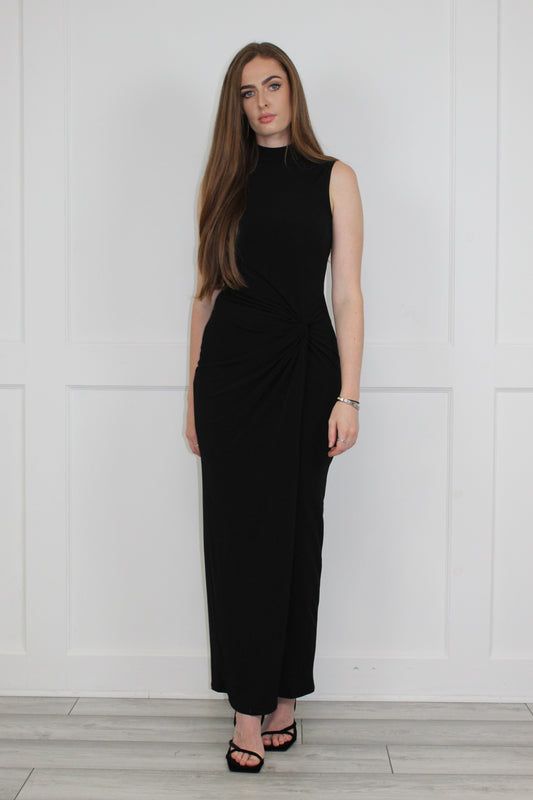 High Neck Sleeveless Maxi Dress With Ruched Detail In Black
