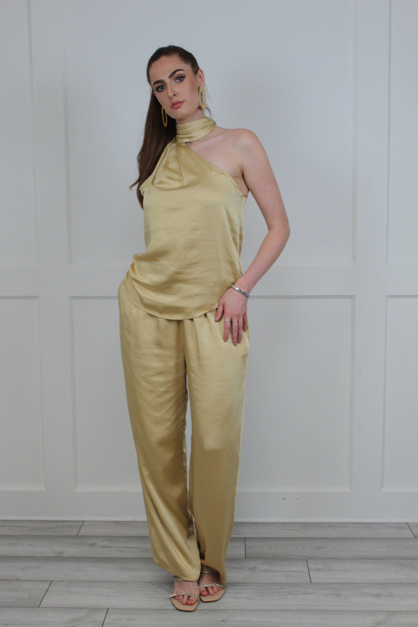Flounce London Gold Satin Pleat Tie Neck Top