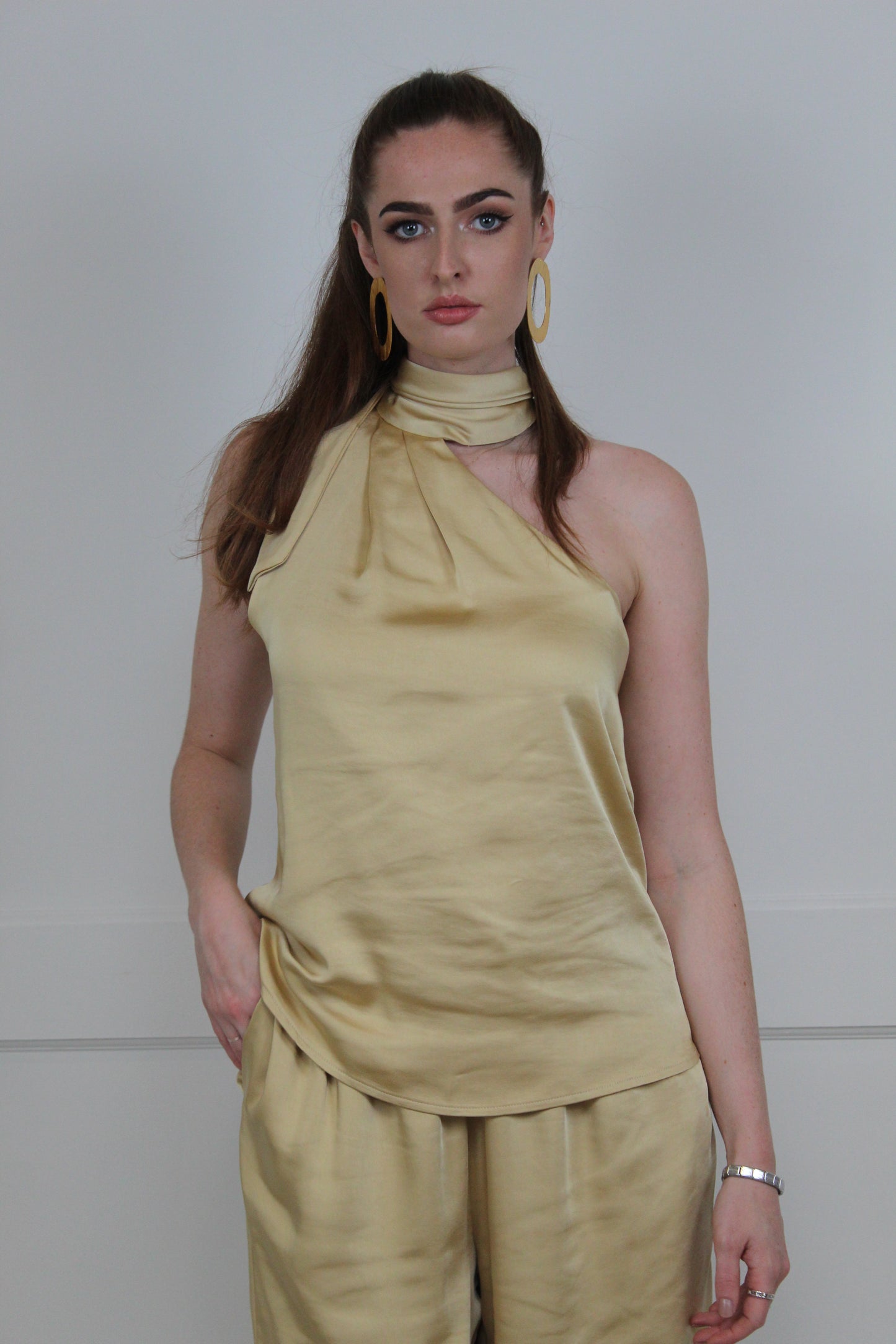Flounce London Gold Satin Pleat Tie Neck Top