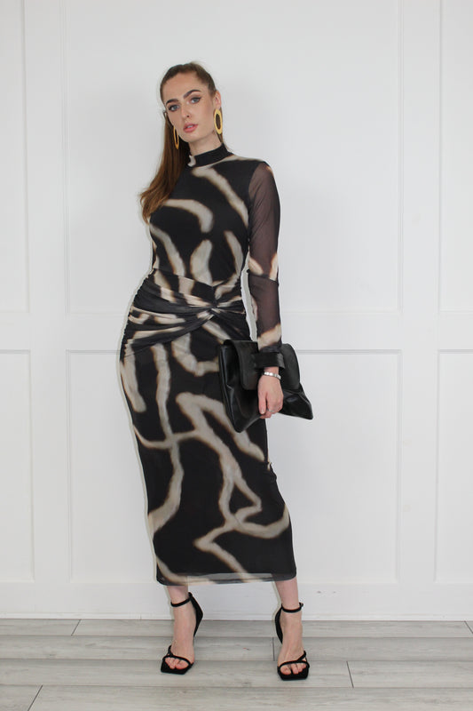 High Neck Midaxi With Twist Front In Abstract Print